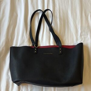 Tory Burch Black and Red Tote Bag with Textured Leather